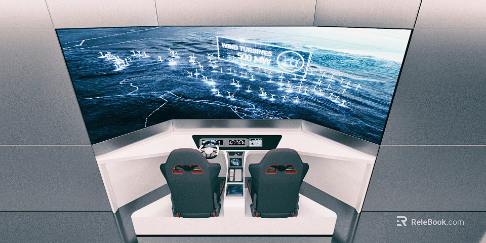 Ship Control Room Featuring Two Black Seats And Large Ocean Map Display Screen 3d model 