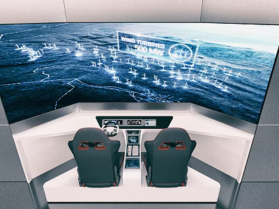 Ship Control Room Featuring Two Black Seats And Large Ocean Map Display Screen 3d model