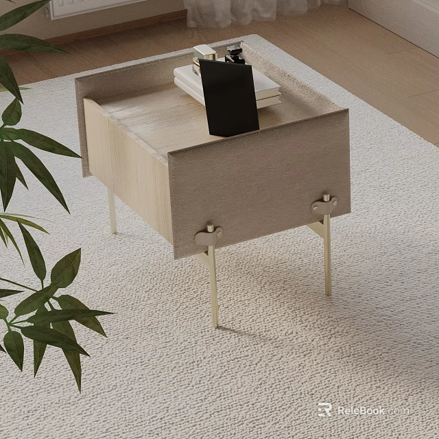 Modern Bedside Table With Wooden Top Fabric Panel And Metal Legs Holding Books And Plant 3d model 