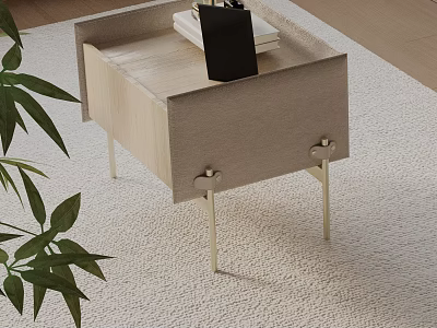 Modern Bedside Table With Wooden Top Fabric Panel And Metal Legs Holding Books And Plant 3d model