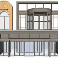 Elegant Modern Building Entrance With Revolving Door Glass Doors And Decorative Sign