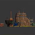 Industrial Equipment Set Including Wooden Barrel Wheelbarrow Tools Hose Gas Cylinder And Fruit Basket
