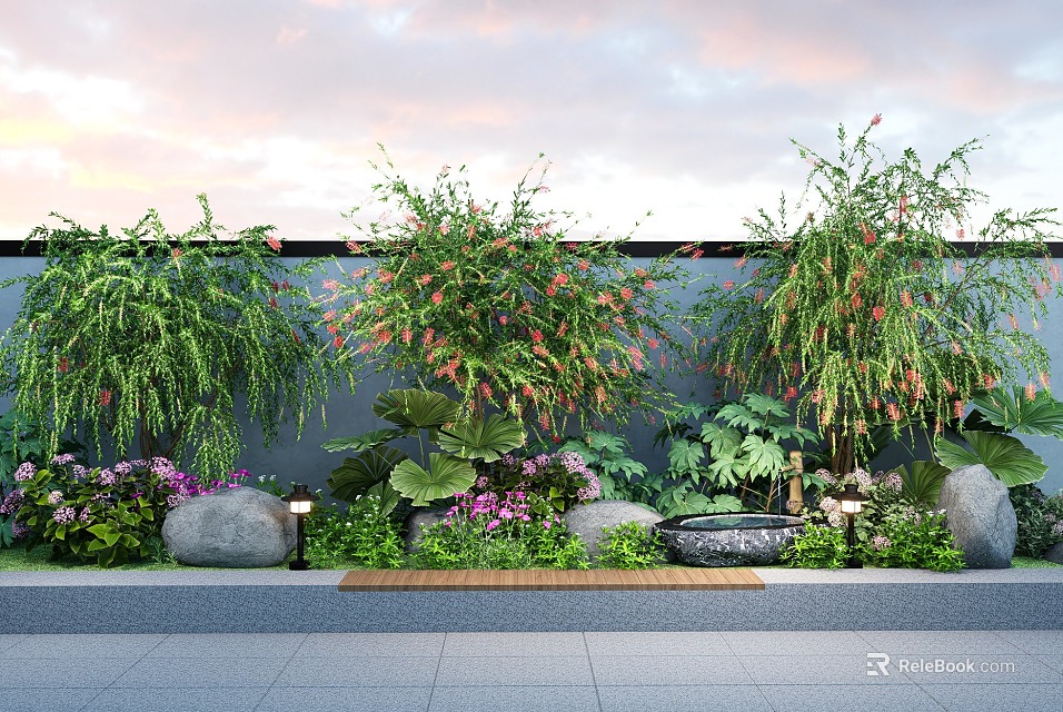 Beautiful Garden Flowers And Plants With Green Shrubs Pink Blooms Stone Decor And Soft Lighting 3d model 