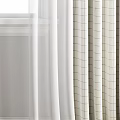 Teal Two Tone Curtains With Gold Trim Checkered Bottom Panels And Sheer Window Interior