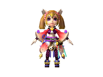 Cute Doll With Blonde Pigtails And Cat Ears In Colorful Traditional Outfit With Decorative Accessories 3d model