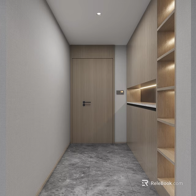 Minimalist Entryway Hallway Design With Wooden Door And Illuminated Shelves 3d model 