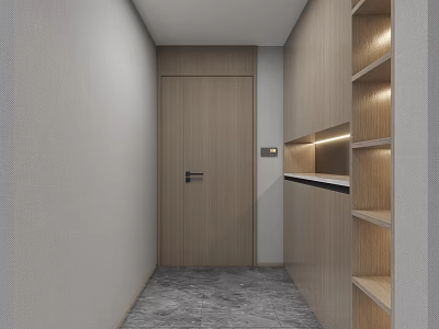 Minimalist Entryway Hallway Design With Wooden Door And Illuminated Shelves 3d model