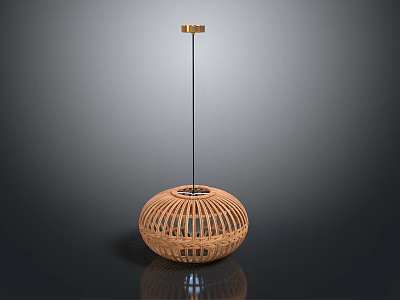 Modern Round Woven Rattan Pendant Light With Black Hanging Rod And Golden Top 3d model