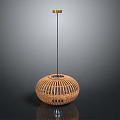 Modern Round Woven Rattan Pendant Light With Black Hanging Rod And Golden Top