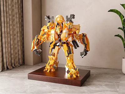 Stunning Golden Robot Model Displayed On Wooden Base With Curtain And Green Plant Background 3d model