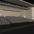 Spacious Conference Room With Wooden Walls Rows Of Seats Projection Screen And Ceiling Lights