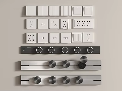 Different Types of Electrical Switches and Sockets in White and Metallic Finishes Arranged on Wall 3d model