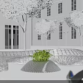 Modern Outdoor Landscape Seating With Curved Metal Structure And Green Plants Near White Building Trees