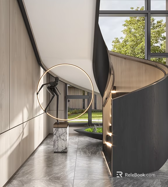 Modern Curved Staircase Design With Wooden Steps Black Handrail And Greenery View 3d model 