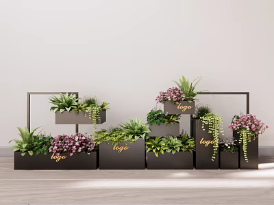 Multiple Black Flower Planters with Logo Featuring Various Green Plants and Pink Flowers 3d model