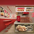 Modern Mall Snack Shop with Red Decor Display Counter Stools and Food Posters