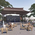 Scenic Public Square Landscape With Traditional Pavilion Trees And Wooden Seats