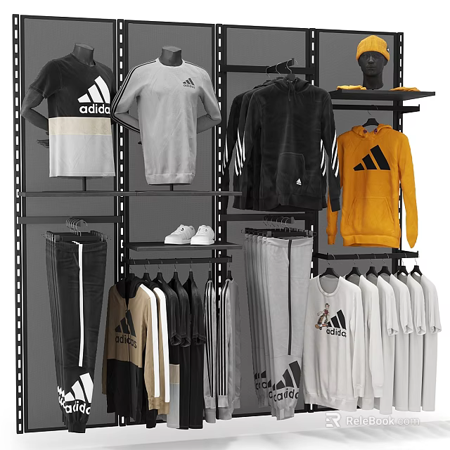 Sports Clothing Store Featuring Black White Grey Yellow Hoodies T Shirts Pants Shoes Adidas Logo 3d model 