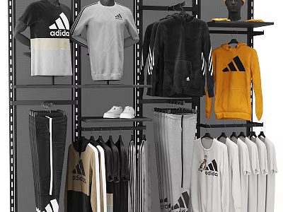 Sports Clothing Store Featuring Black White Grey Yellow Hoodies T Shirts Pants Shoes Adidas Logo 3d model
