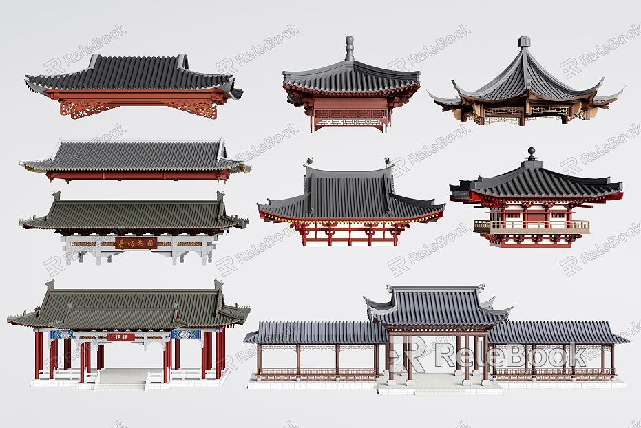 Chinese Corridor Eaves Roof Tile Pavilion Corridor model