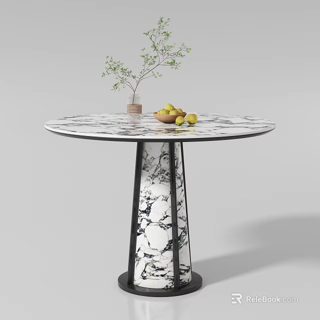 Modern Minimalist Round Marble Dining Table With Fresh Fruit And Small Potted Plant 3d model