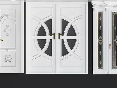 White Decorative Entry Doors With Glass Panels And Design Details 3d model