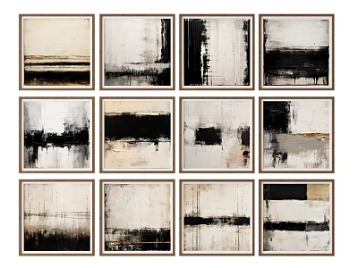 Abstract Paintings Modern Black White Beige Tones Framed Wall Art With Horizontal Vertical Strokes 3d model