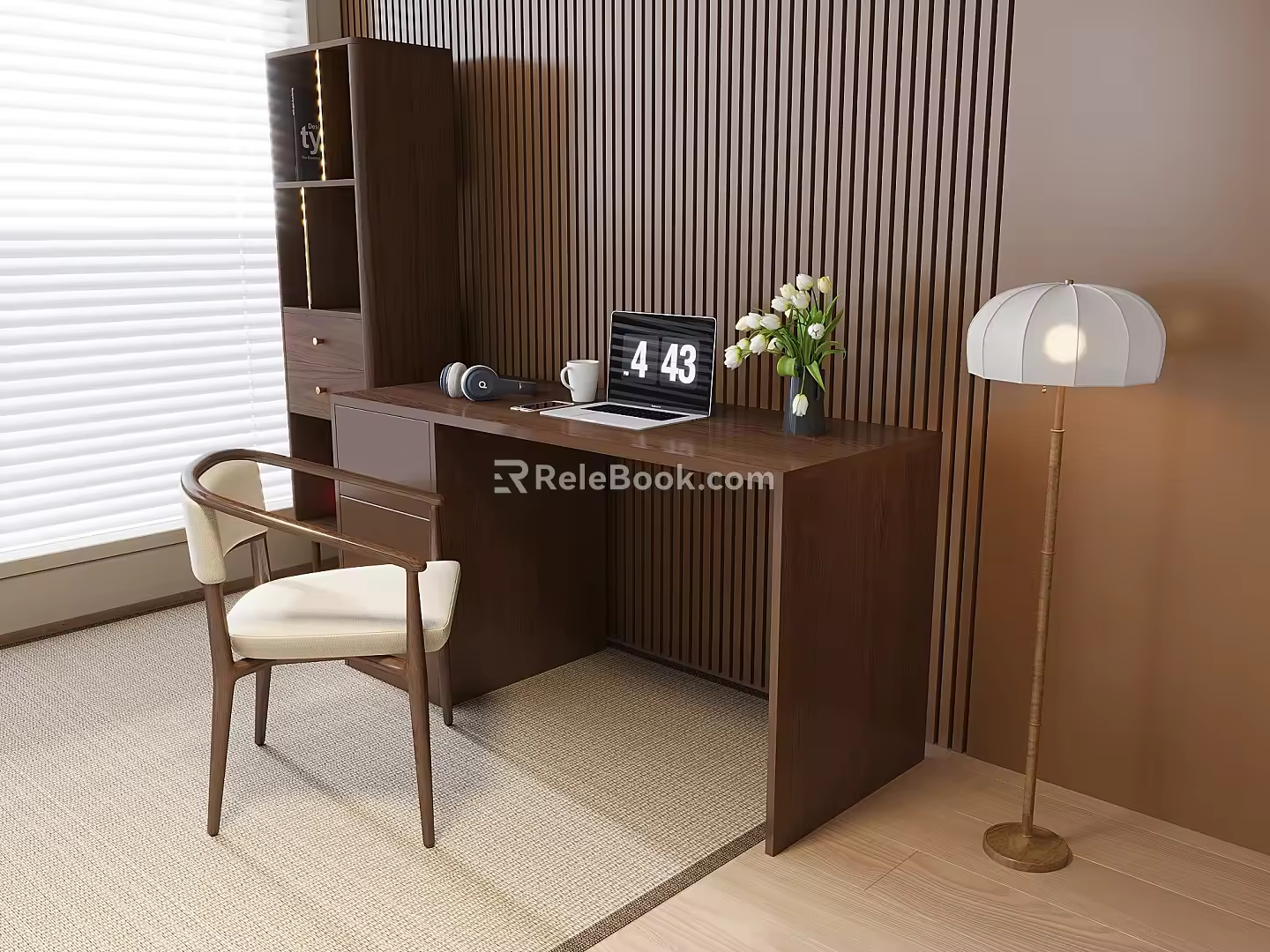 Desk and Chair Combination Vase Flora Floor Lamp Laptop Bookcase 3d model