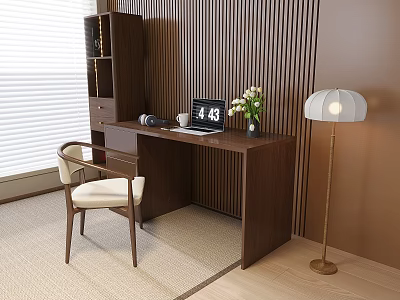 Desk and Chair Combination Vase Flora Floor Lamp Laptop Bookcase 3d model