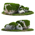 Moss Covered Stones And Wooden Details In Natural Outdoor Garden With Lush Green Grass