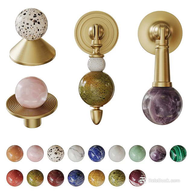 Decorative Cabinet Handles with Gold Metal Bases and Colorful Spherical Knobs in Marble Speckled Designs 3d model 