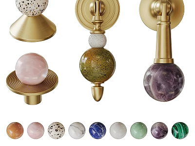 Decorative Cabinet Handles with Gold Metal Bases and Colorful Spherical Knobs in Marble Speckled Designs 3d model