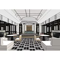Luxurious Clubhouse Corridor After Renovation With Large Windows Golden Columns And Patterned Floor Tiles