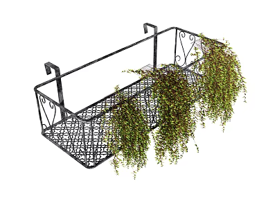 Hanging Potted Plants In Black Metal Wire Basket With Trailing Greenery 3d model