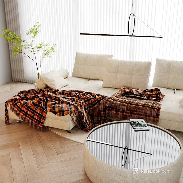 Beige Sectional Sofa with Plaid Blankets Green Plant on Wooden Floor and Glass Coffee Table 3d model 