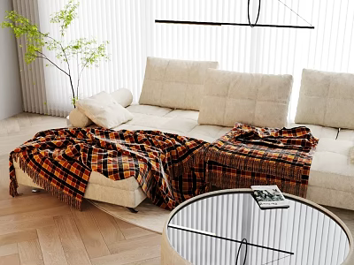 Beige Sectional Sofa with Plaid Blankets Green Plant on Wooden Floor and Glass Coffee Table 3d model