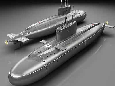 Two Military Submarines With Gray Hulls Designed As Naval Warfare Weapons 3d model