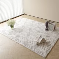 Geometric Pattern Square Rug On Wooden Floor With White Flower Bouquet And Magazines Near Blinds