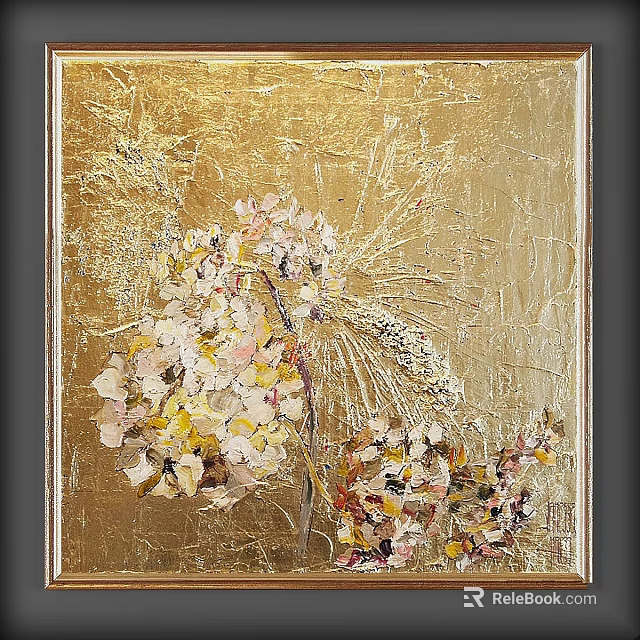 Elegant Picture Frame With Textured Golden Background And Floral Painting 3d model 