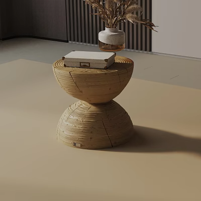 Wooden Layered Circular Side Table With White Vase And Book In Living Room 3d model