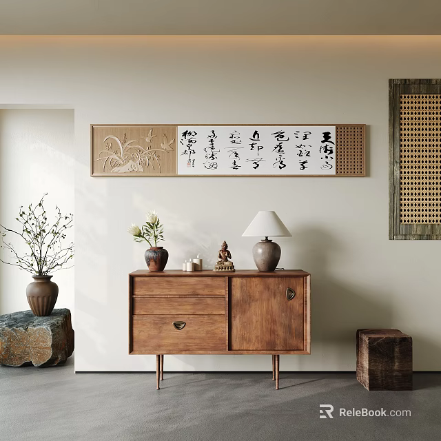 Oriental Entry Console And Side Cabinet With Wooden Design Calligraphy Scroll And Table Lamp 3d model 