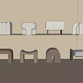 Minimalist Modern Furniture Display With Decorative Objects And Stylish Stools On Herringbone Wooden Floor