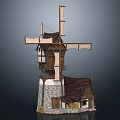 Traditional Windmill Building with Wooden Structure Stone Base Brown Roof and Small House
