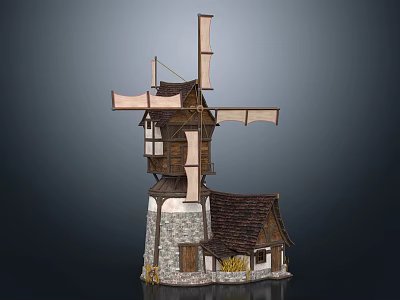 Traditional Windmill Building with Wooden Structure Stone Base Brown Roof and Small House 3d model