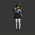 Cat Eared Character Wearing Dark Outfit With Blue Design And White Stockings