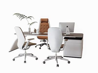 Stylish Office Desk With White Chairs Brown Chair Computer Monitor Potted Plant And Storage Cabinet 3d model