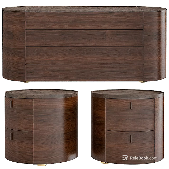 Modern Wooden Dresser With Multiple Drawers And Round Side Cabinets 3d model 