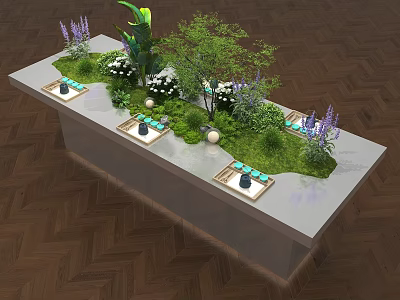 Fresh Natural Dining Table with Green Plants Flowers and Decorative Trays on Wooden Floor 3d model