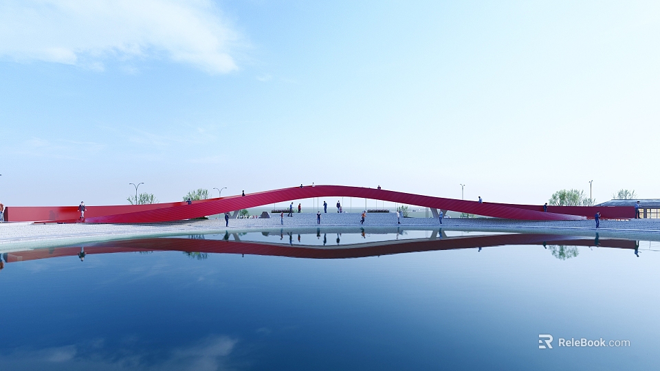 Scenic Park Landscape with Red Arch Bridge Water Reflection Blue Sky and People on Bridge 3d model 