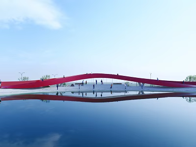 Scenic Park Landscape with Red Arch Bridge Water Reflection Blue Sky and People on Bridge 3d model